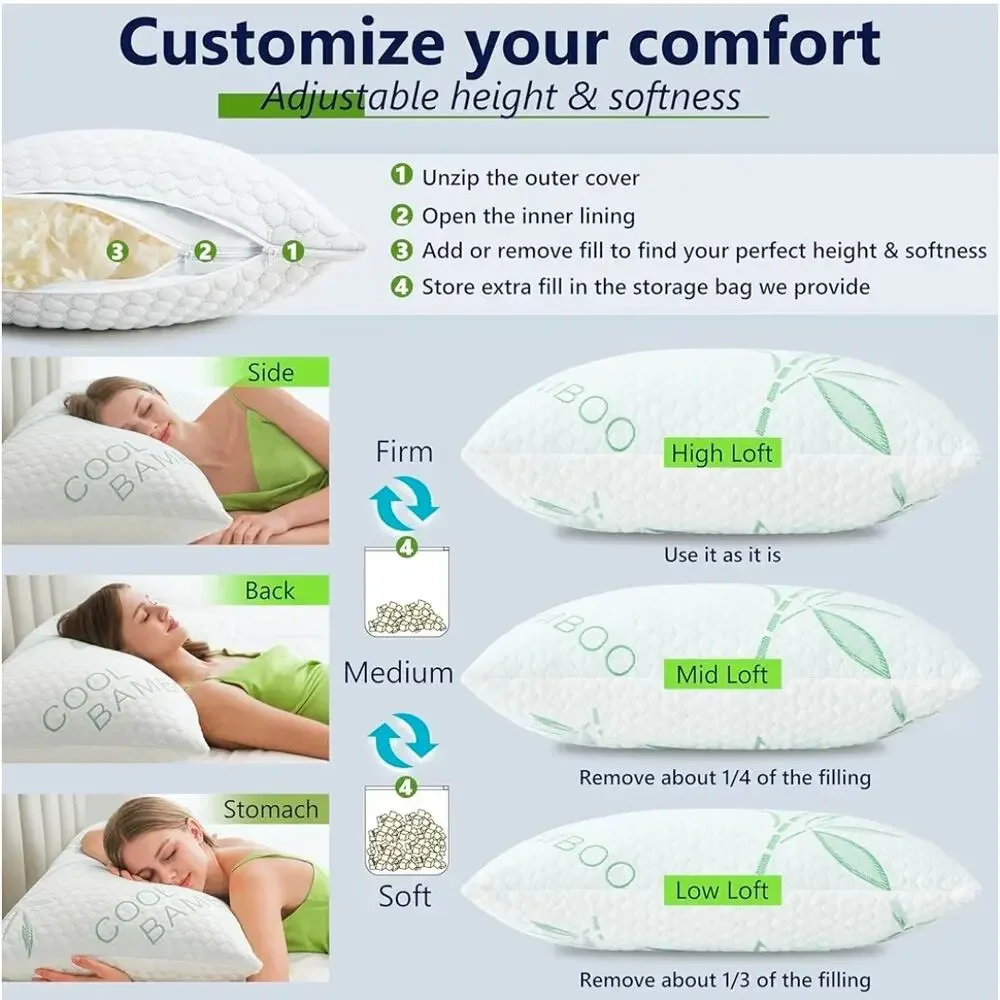 Shredded Memory Foam Pillow, Cooling King Size Adjustable Firm Bamboo Pillow